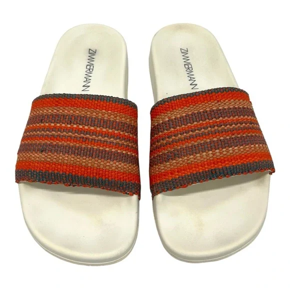 Zimmermann Beach Stripe Woven Raffia Pool Slides Red and Orange Sandals Women 39 - Picture 4 of 16